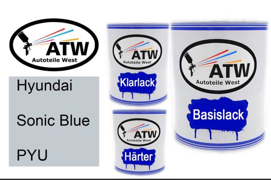 Hyundai, Sonic Blue, PYU: 1L Lackdose + 1L Klarlack + 500ml Härter - Set, von ATW Autoteile West.